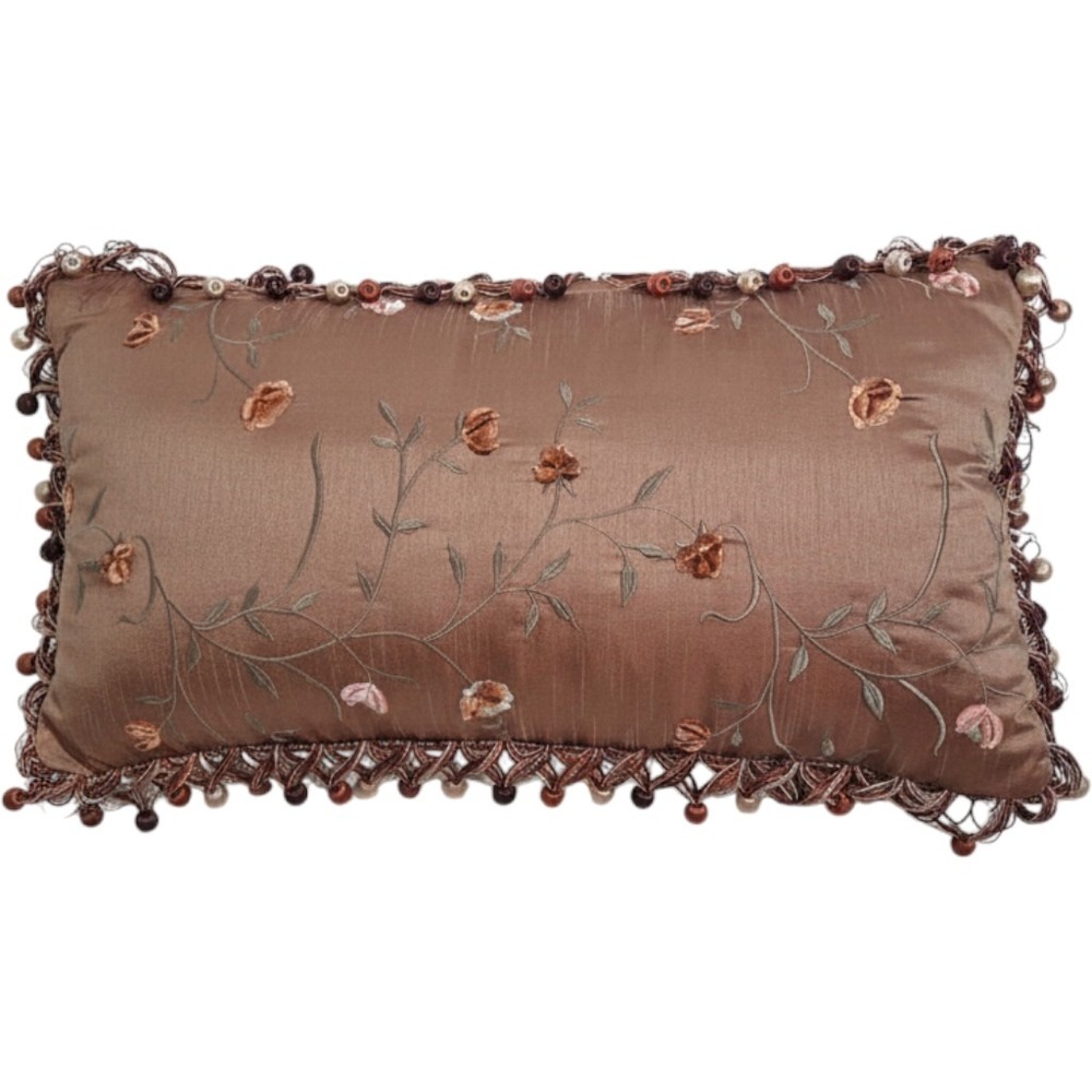 Floral Embroidered Lumbar Pillow Bronze Beaded Tassel Fringe 21x1